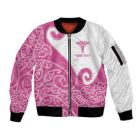 Personalised New Zealand Nurse Sleeve Zip Bomber Jacket Maori Koru Pink Version LT05 Unisex Pink - Polynesian Pride