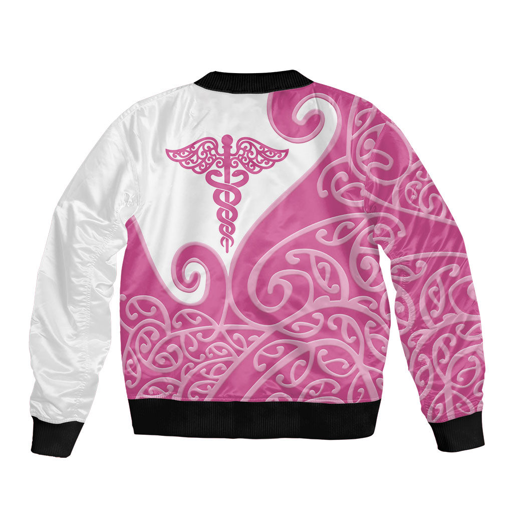 Personalised New Zealand Nurse Sleeve Zip Bomber Jacket Maori Koru Pink Version LT05 - Polynesian Pride