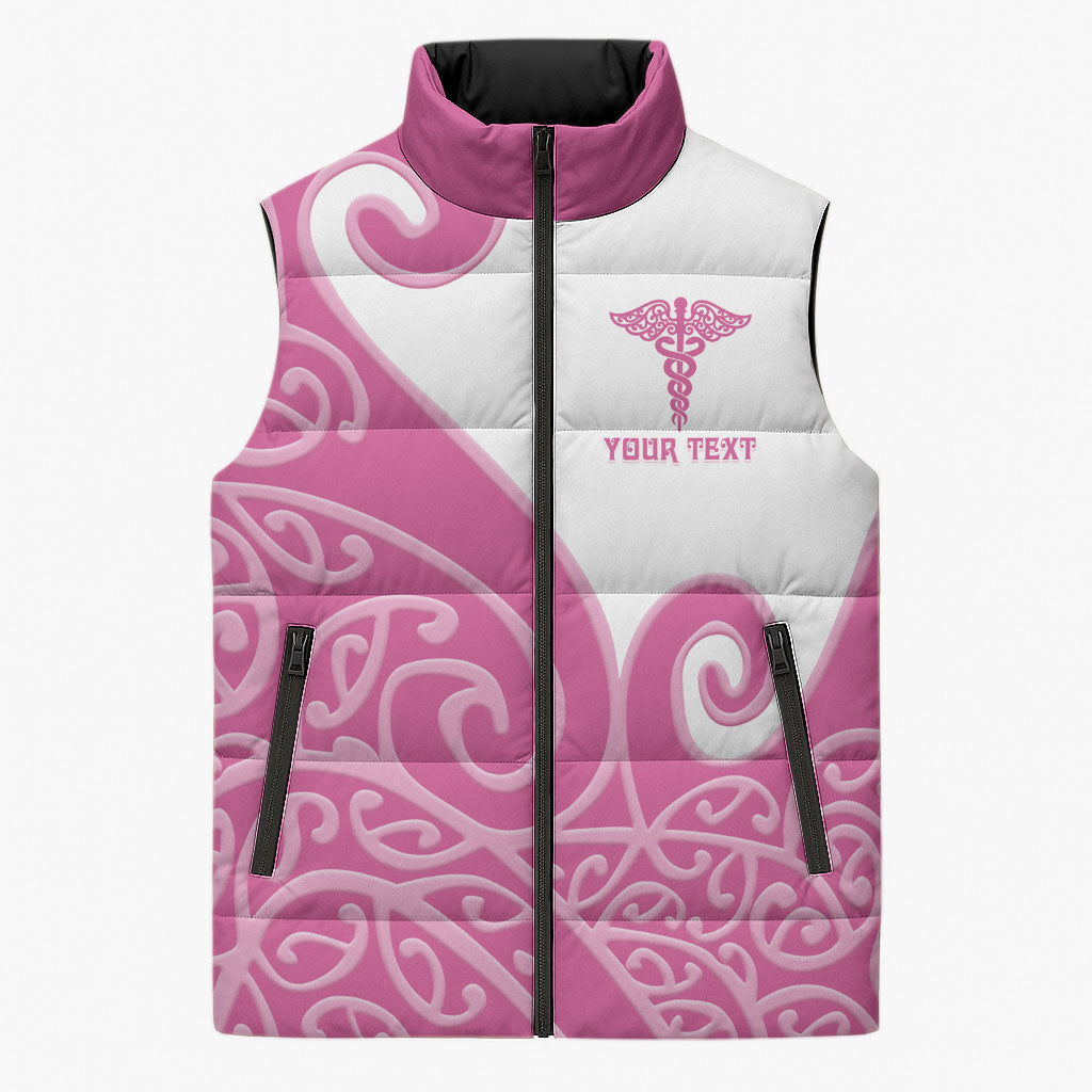 Personalised New Zealand Nurse Sleeveless Puffer Jacket Maori Koru Pink Version LT05 Unisex Pink - Polynesian Pride