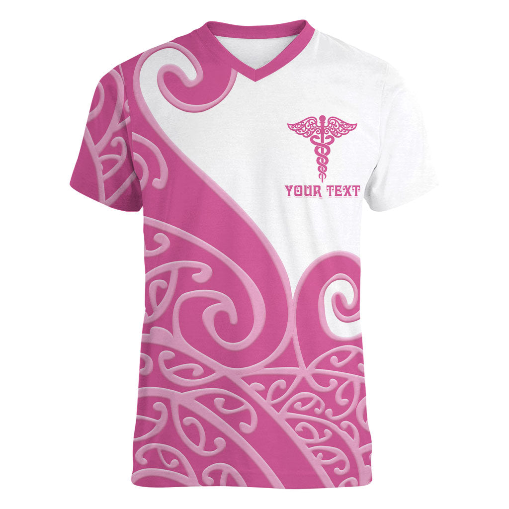 Personalised New Zealand Nurse Women V-Neck T-Shirt Maori Koru Pink Version LT05 Female Pink - Polynesian Pride