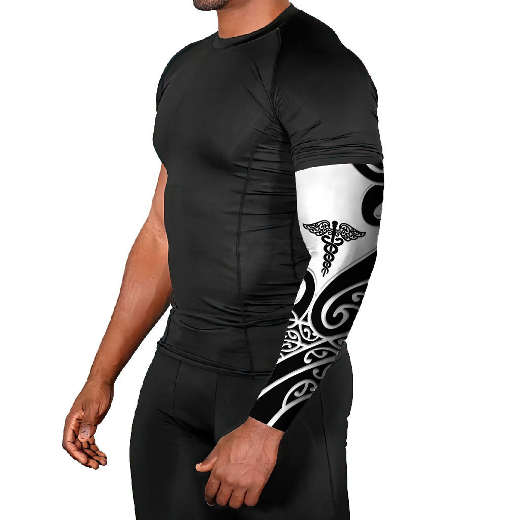 Personalised New Zealand Nurse Arm Sleeves Maori Koru Black Version LT05 - Polynesian Pride