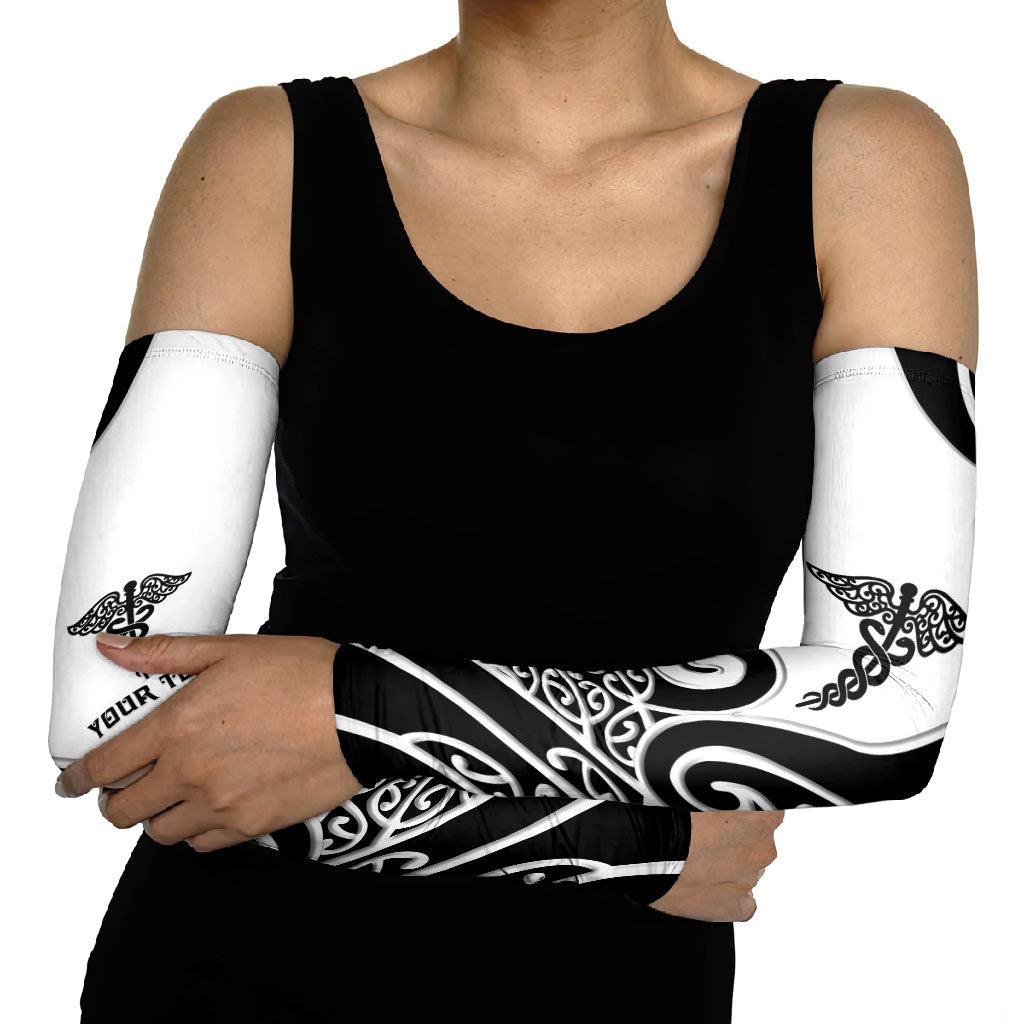 Personalised New Zealand Nurse Arm Sleeves Maori Koru Black Version LT05 - Polynesian Pride