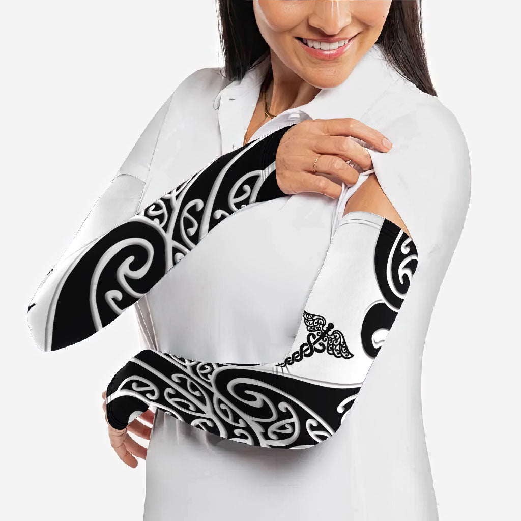 Personalised New Zealand Nurse Arm Sleeves Maori Koru Black Version LT05 - Polynesian Pride