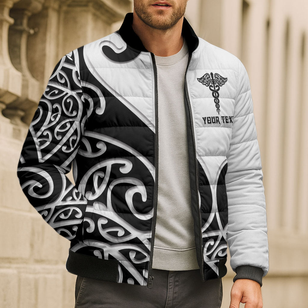 Personalised New Zealand Nurse Bomber Puffer Jacket Maori Koru Black Version LT05 - Polynesian Pride