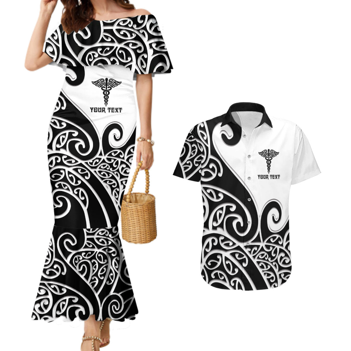 Personalised New Zealand Nurse Couples Matching Mermaid Dress and Hawaiian Shirt Maori Koru Black Version LT05 Black - Polynesian Pride