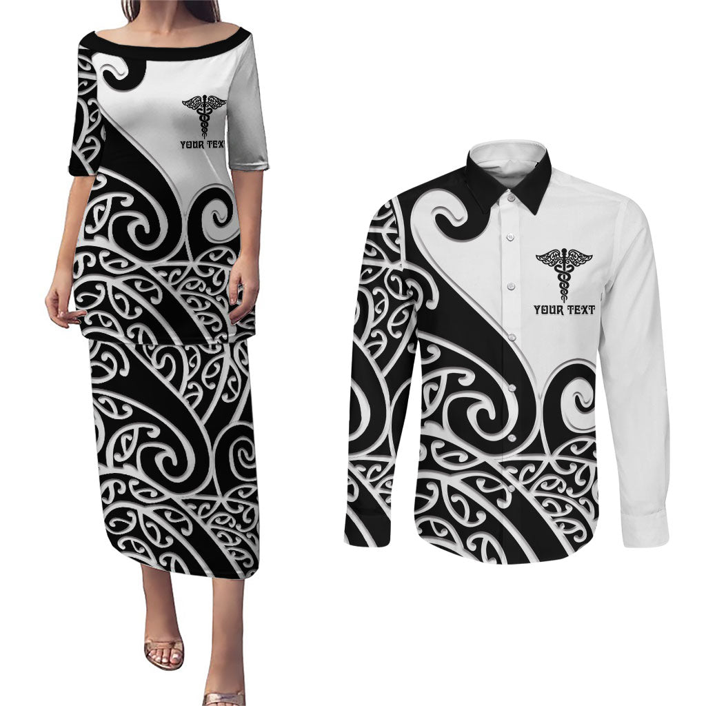 Personalised New Zealand Nurse Couples Matching Puletasi and Long Sleeve Button Shirt Maori Koru Black Version LT05 Black - Polynesian Pride