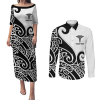 Personalised New Zealand Nurse Couples Matching Puletasi and Long Sleeve Button Shirt Maori Koru Black Version LT05 Black - Polynesian Pride