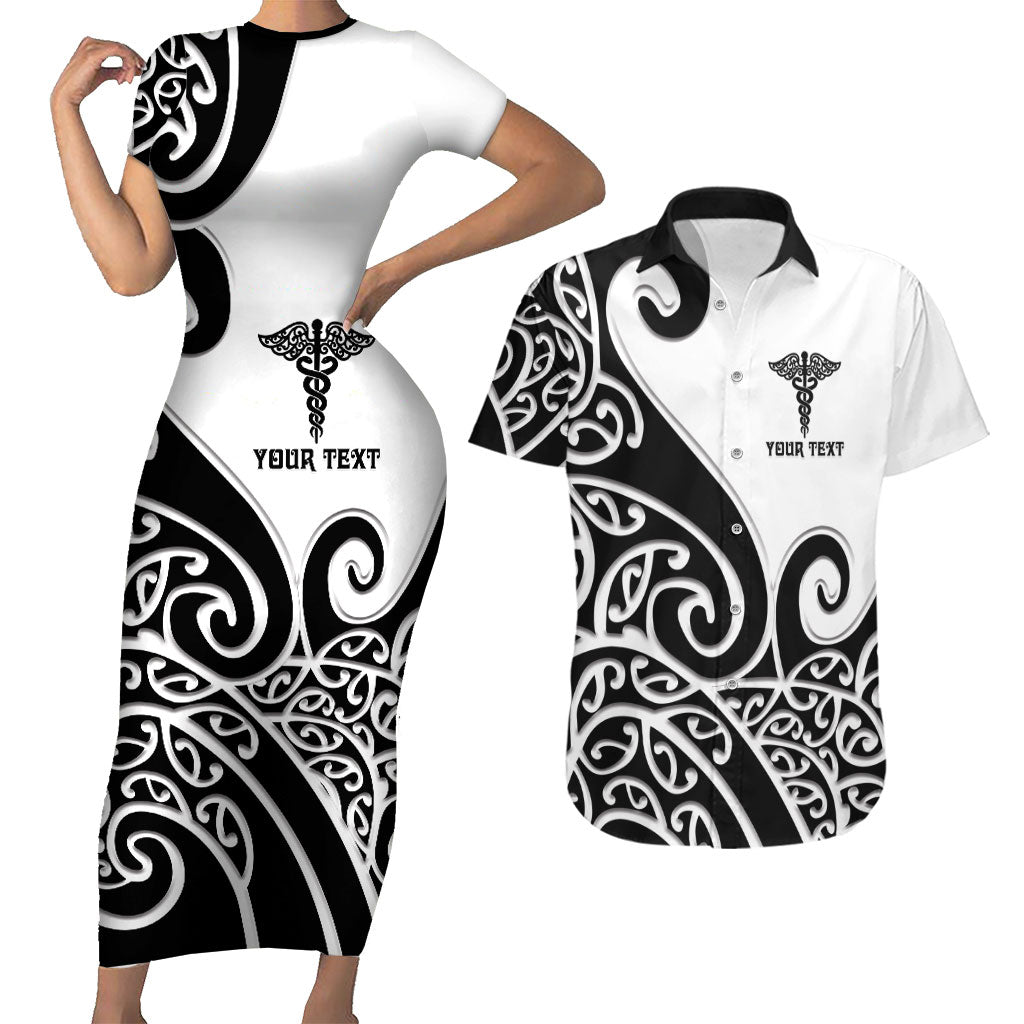 Personalised New Zealand Nurse Couples Matching Short Sleeve Bodycon Dress and Hawaiian Shirt Maori Koru Black Version LT05 Black - Polynesian Pride