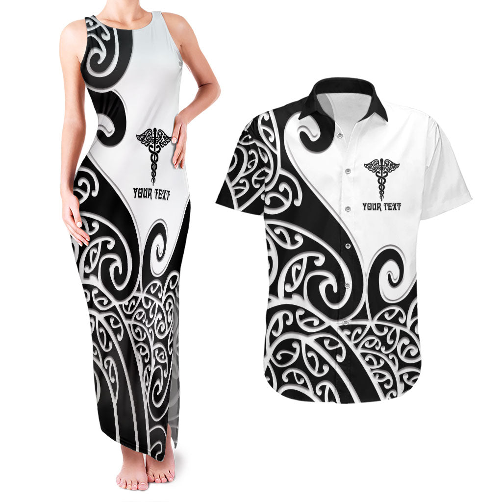 Personalised New Zealand Nurse Couples Matching Tank Maxi Dress and Hawaiian Shirt Maori Koru Black Version LT05 Black - Polynesian Pride