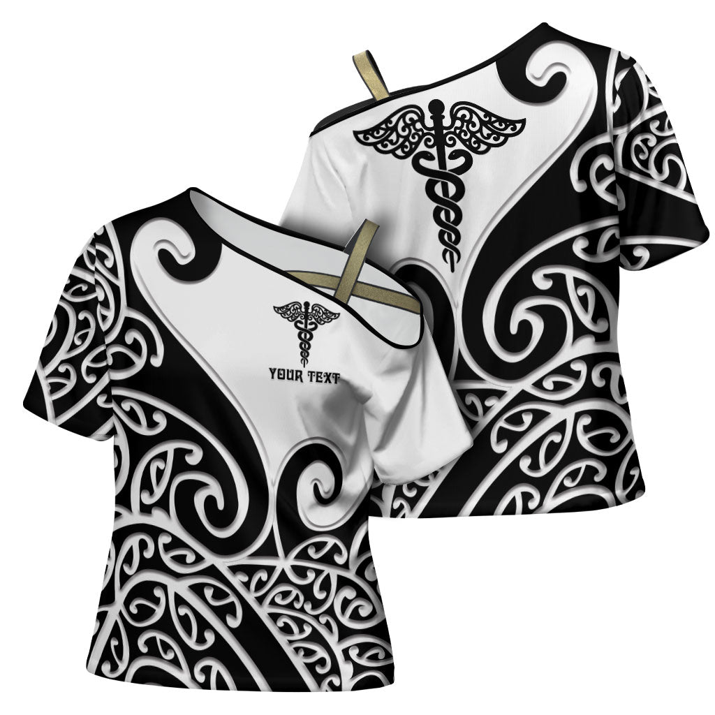 Personalised New Zealand Nurse Cross Shoulder Shirt Maori Koru Black Version LT05 - Polynesian Pride