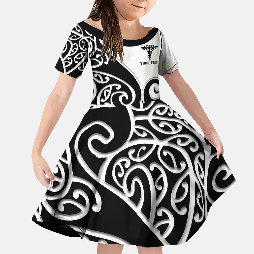 Personalised New Zealand Nurse Family Matching Mermaid Dress and Hawaiian Shirt Maori Koru Black Version
