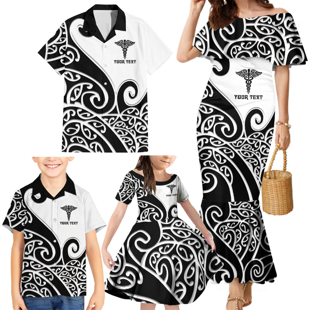 Personalised New Zealand Nurse Family Matching Mermaid Dress and Hawaiian Shirt Maori Koru Black Version LT05 - Polynesian Pride