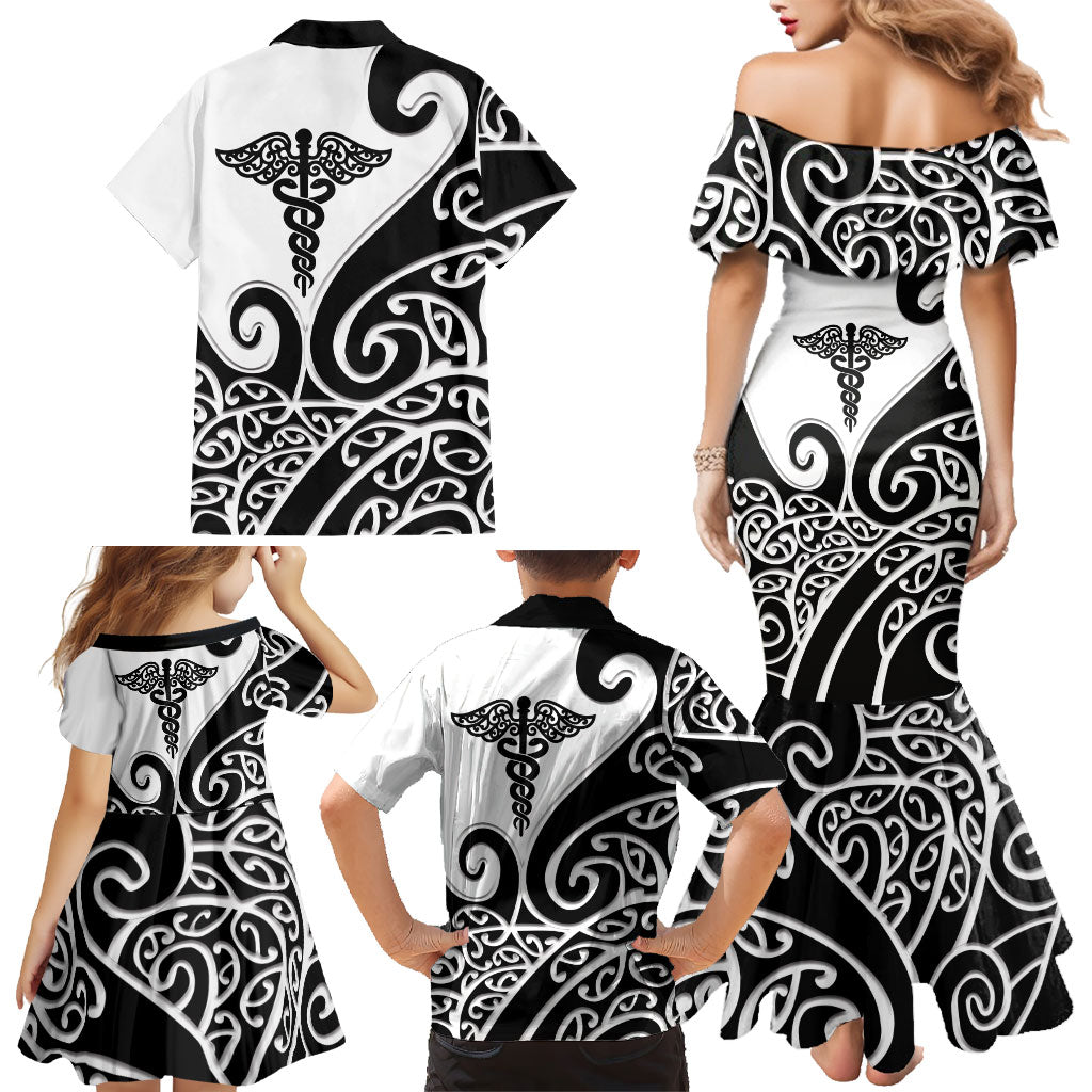 Personalised New Zealand Nurse Family Matching Mermaid Dress and Hawaiian Shirt Maori Koru Black Version