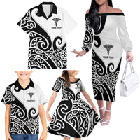 Personalised New Zealand Nurse Family Matching Off The Shoulder Long Sleeve Dress and Hawaiian Shirt Maori Koru Black Version