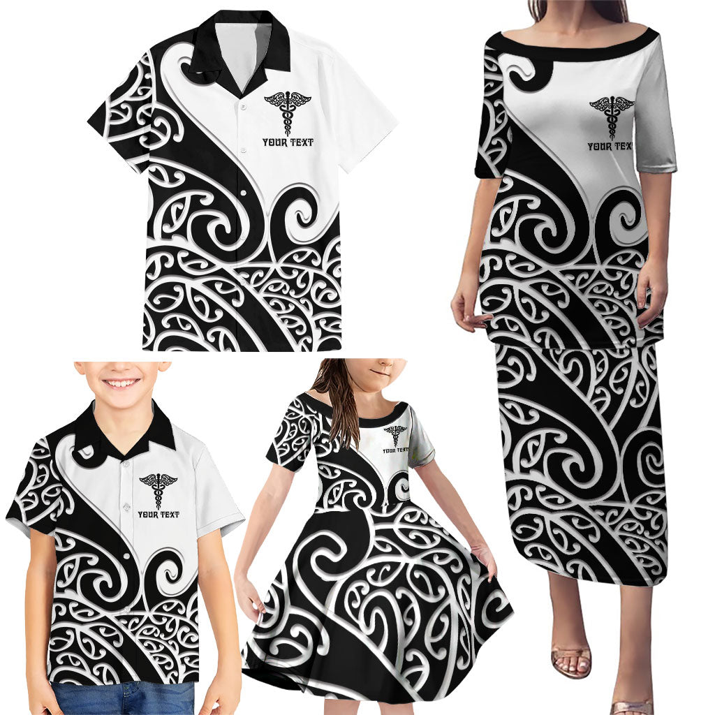 Personalised New Zealand Nurse Family Matching Puletasi and Hawaiian Shirt Maori Koru Black Version LT05 - Polynesian Pride