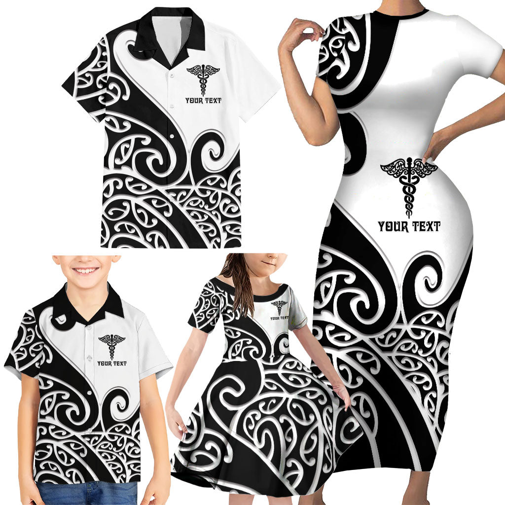 Personalised New Zealand Nurse Family Matching Short Sleeve Bodycon Dress and Hawaiian Shirt Maori Koru Black Version LT05 - Polynesian Pride