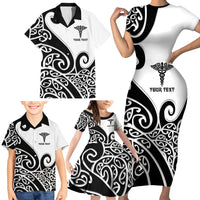 Personalised New Zealand Nurse Family Matching Short Sleeve Bodycon Dress and Hawaiian Shirt Maori Koru Black Version