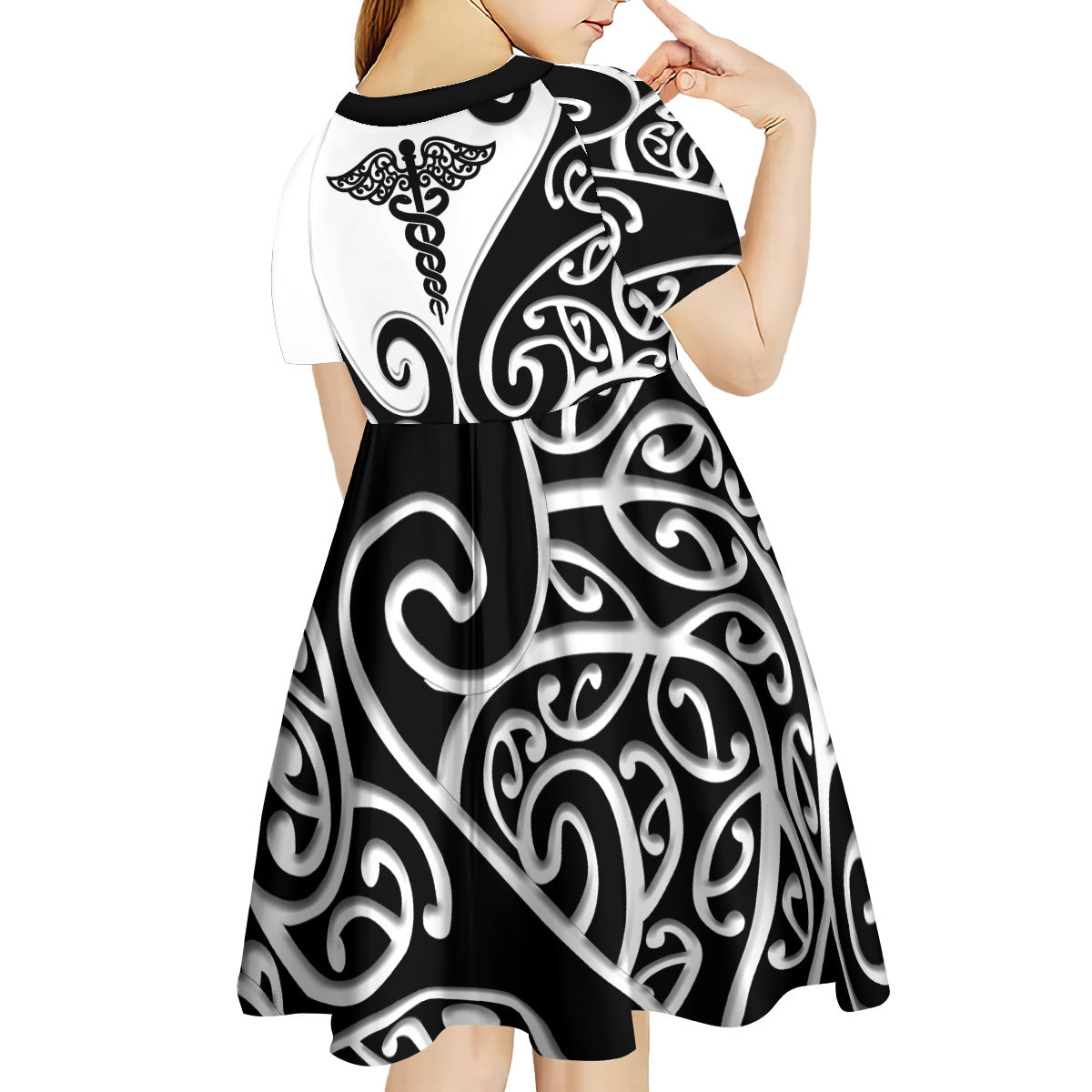 Personalised New Zealand Nurse Kid Short Sleeve Dress Maori Koru Black Version LT05 - Polynesian Pride