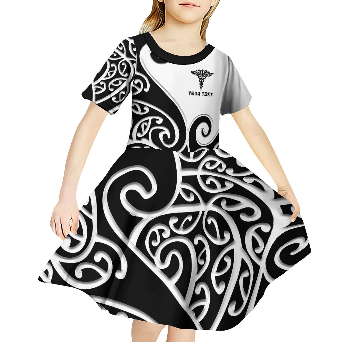 Personalised New Zealand Nurse Kid Short Sleeve Dress Maori Koru Black Version LT05 - Polynesian Pride