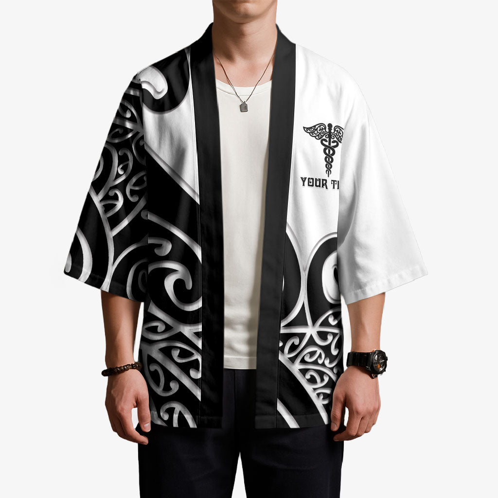 Personalised New Zealand Nurse Kimono Maori Koru Black Version LT05 - Polynesian Pride