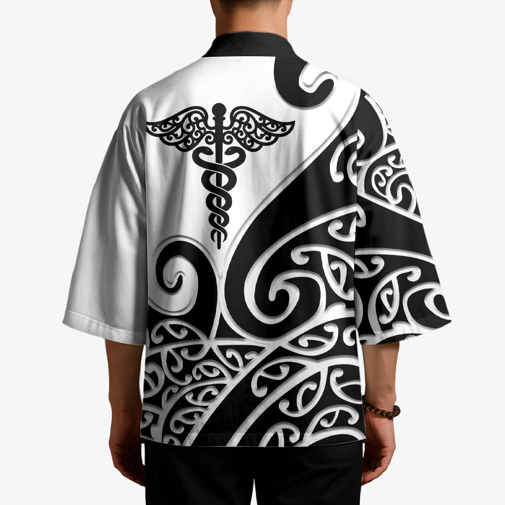 Personalised New Zealand Nurse Kimono Maori Koru Black Version LT05 - Polynesian Pride