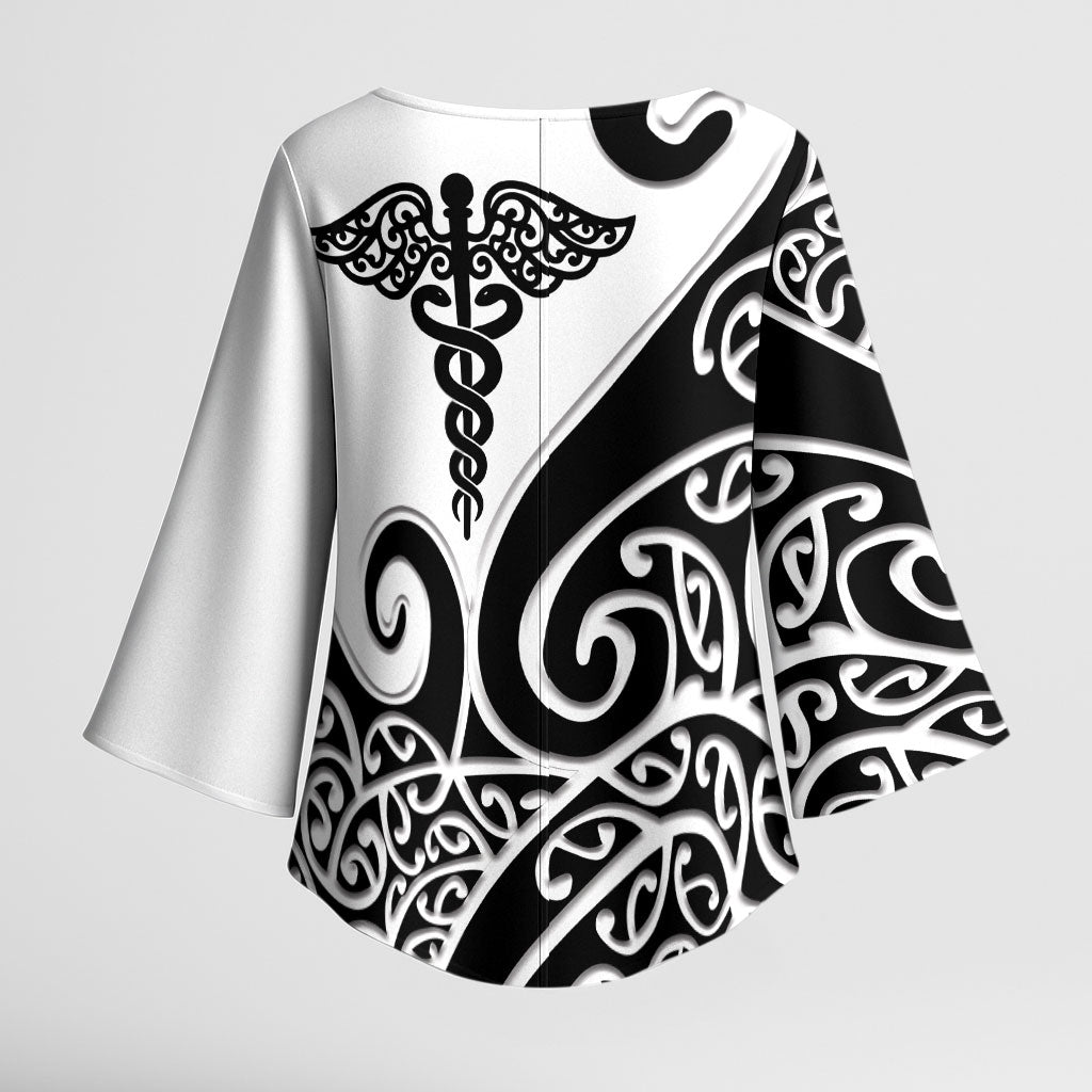 Personalised New Zealand Nurse Kimono Sleeve Blouse Maori Koru Black Version LT05 - Polynesian Pride