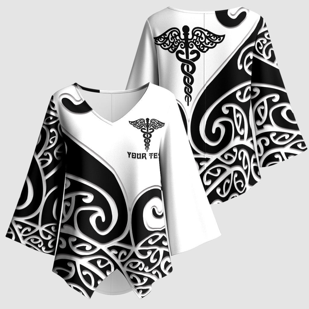 Personalised New Zealand Nurse Kimono Sleeve Blouse Maori Koru Black Version LT05 - Polynesian Pride