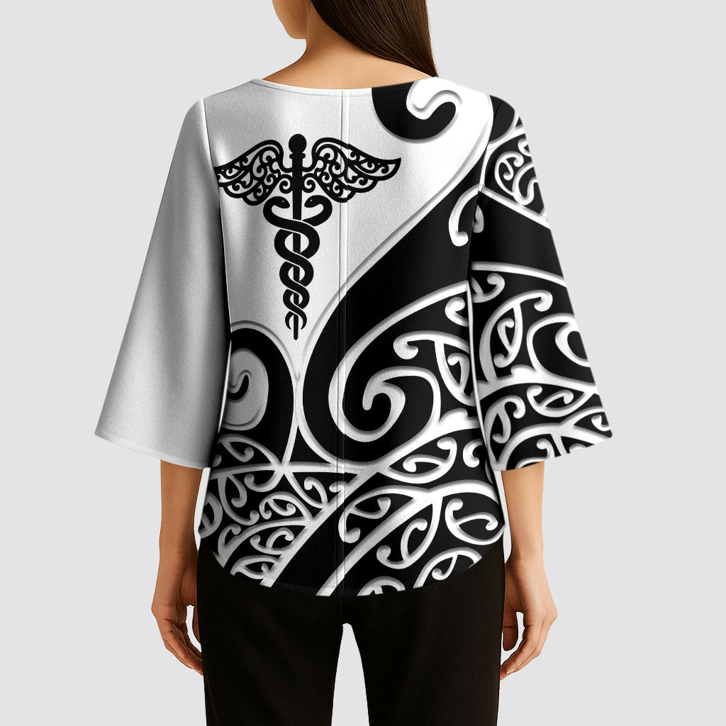 Personalised New Zealand Nurse Kimono Sleeve Blouse Maori Koru Black Version LT05 - Polynesian Pride