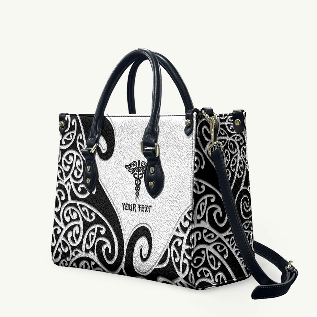 Personalised New Zealand Nurse Leather Bag Maori Koru Black Version