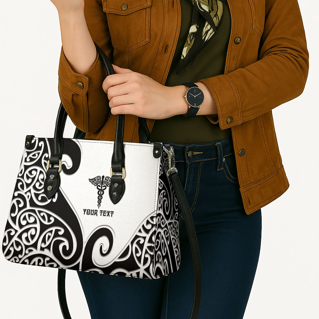 Personalised New Zealand Nurse Leather Bag Maori Koru Black Version LT05 - Polynesian Pride