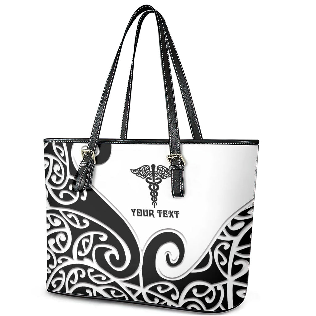 Personalised New Zealand Nurse Leather Tote Bag Maori Koru Black Version LT05 - Polynesian Pride