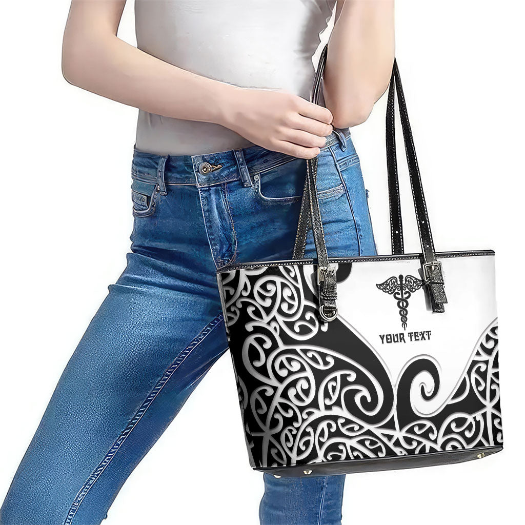 Personalised New Zealand Nurse Leather Tote Bag Maori Koru Black Version LT05 - Polynesian Pride