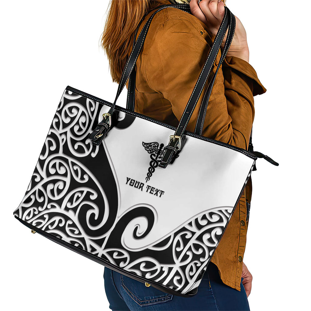 Personalised New Zealand Nurse Leather Tote Bag Maori Koru Black Version LT05 - Polynesian Pride