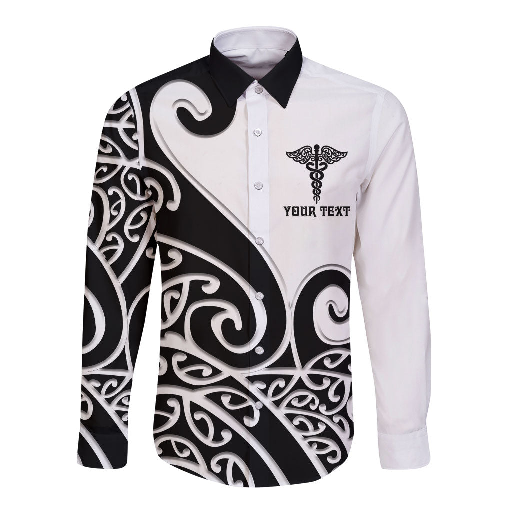 Personalised New Zealand Nurse Long Sleeve Button Shirt Maori Koru Black Version LT05 Unisex Black - Polynesian Pride