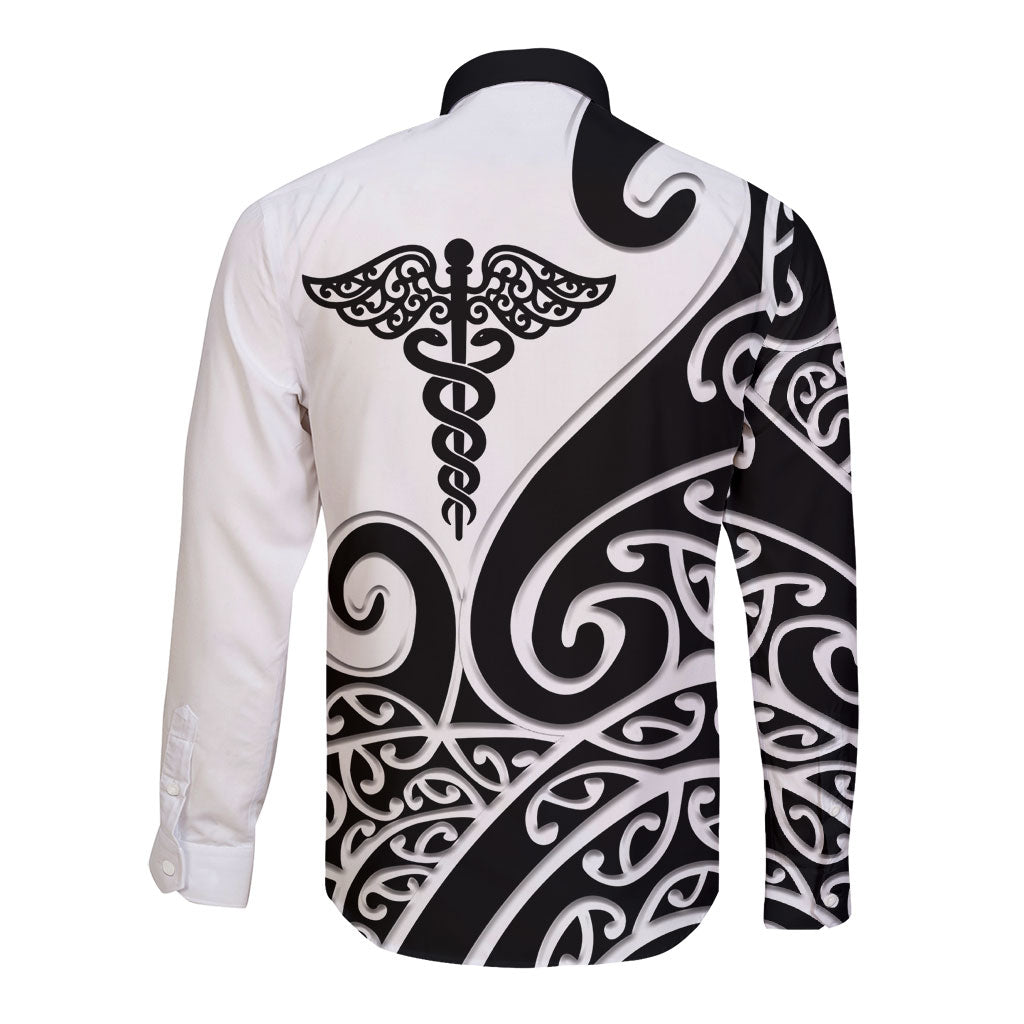 Personalised New Zealand Nurse Long Sleeve Button Shirt Maori Koru Black Version LT05 - Polynesian Pride