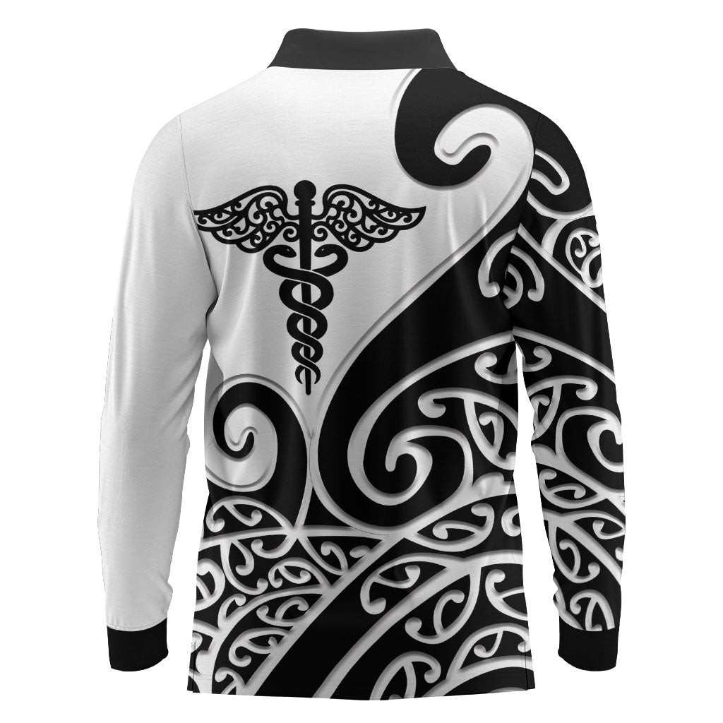 Personalised New Zealand Nurse Long Sleeve Polo Shirt Maori Koru Black Version LT05 - Polynesian Pride