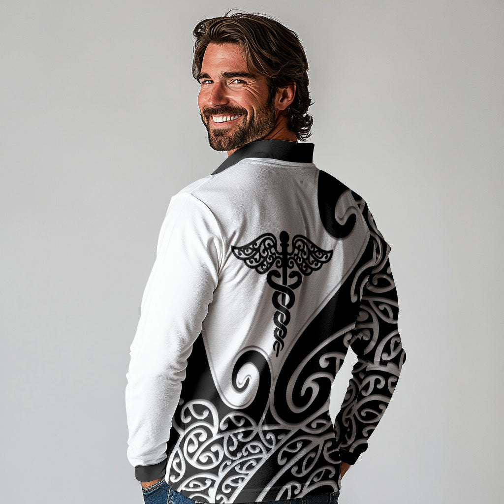 Personalised New Zealand Nurse Long Sleeve Polo Shirt Maori Koru Black Version LT05 - Polynesian Pride