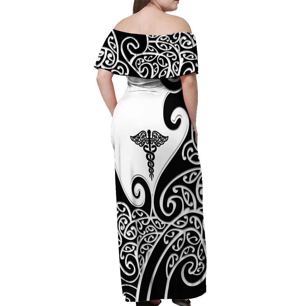 Personalised New Zealand Nurse Off Shoulder Maxi Dress Maori Koru Black Version LT05 - Polynesian Pride