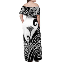 Personalised New Zealand Nurse Off Shoulder Maxi Dress Maori Koru Black Version LT05 - Polynesian Pride