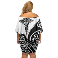 Personalised New Zealand Nurse Off Shoulder Short Dress Maori Koru Black Version LT05 - Polynesian Pride