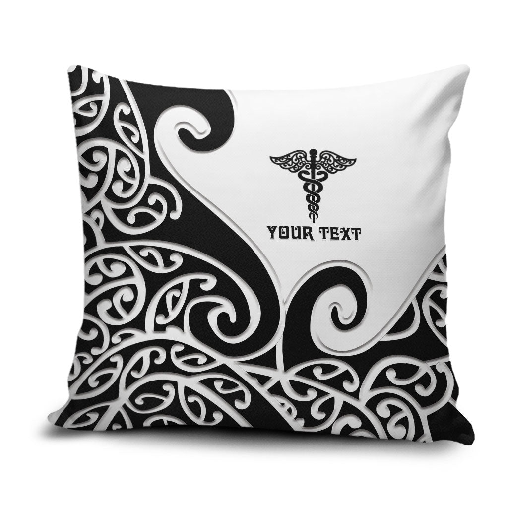 Personalised New Zealand Nurse Pillow Cover Maori Koru Black Version