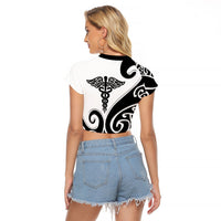 Personalised New Zealand Nurse Raglan Cropped T Shirt Maori Koru Black Version LT05 - Polynesian Pride