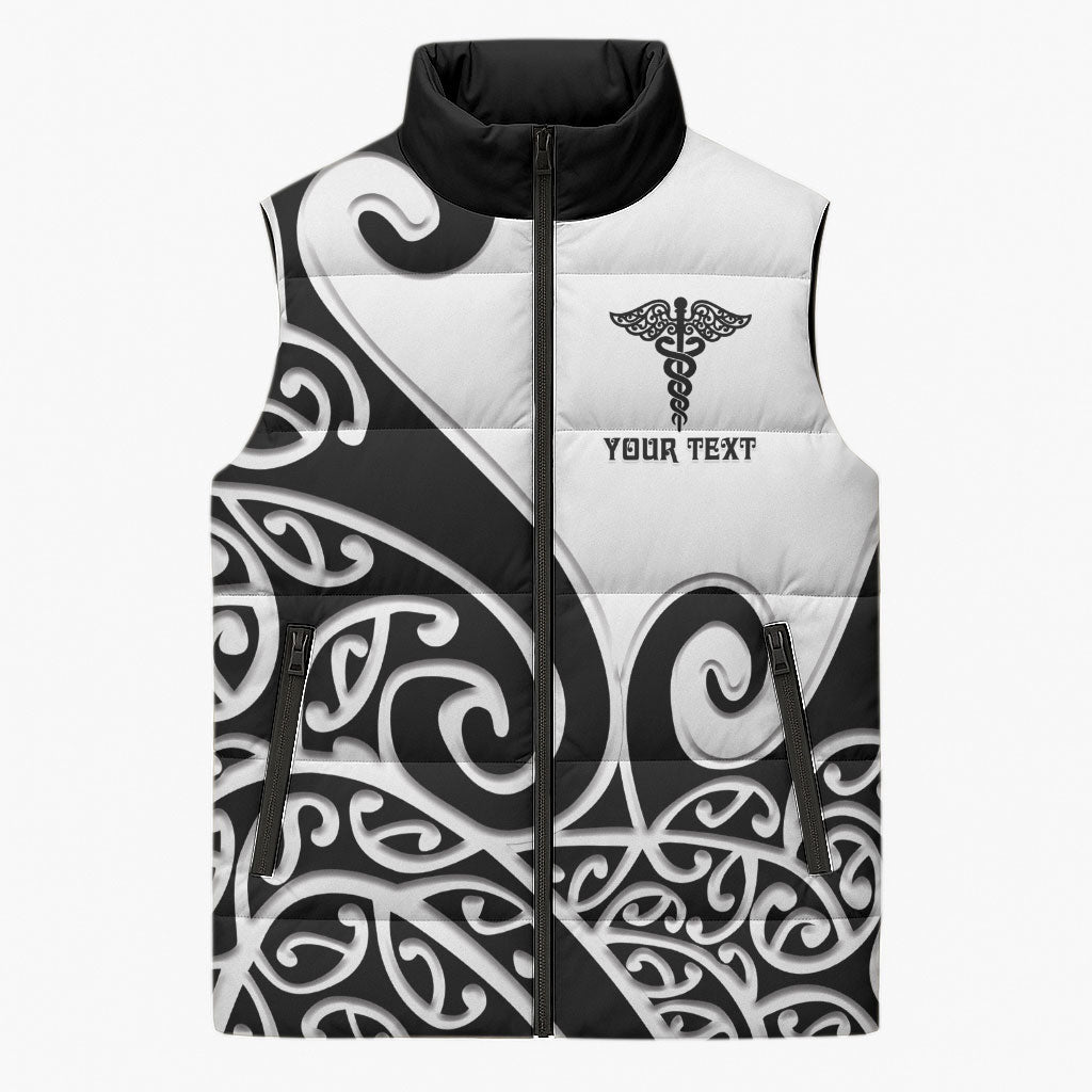 Personalised New Zealand Nurse Sleeveless Puffer Jacket Maori Koru Black Version LT05 Unisex Black - Polynesian Pride
