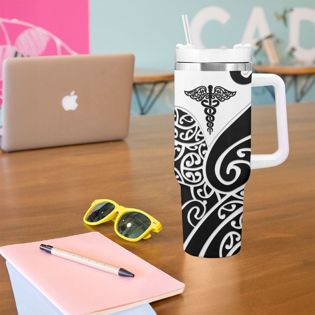 Personalised New Zealand Nurse Tumbler With Handle Maori Koru Black Version LT05 - Polynesian Pride