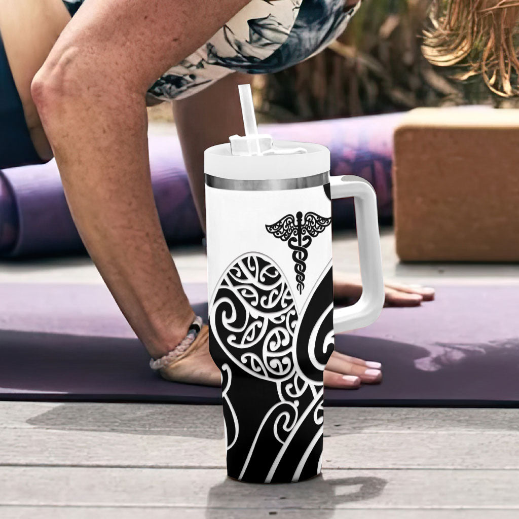 Personalised New Zealand Nurse Tumbler With Handle Maori Koru Black Version LT05 - Polynesian Pride