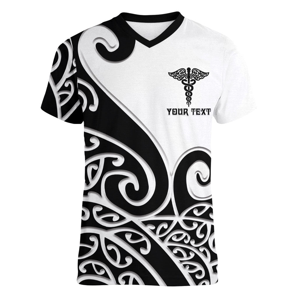 Personalised New Zealand Nurse Women V-Neck T-Shirt Maori Koru Black Version