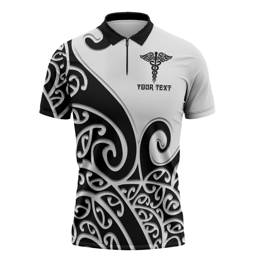 Personalised New Zealand Nurse Zipper Polo Shirt Maori Koru Black Version