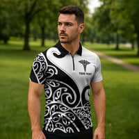 Personalised New Zealand Nurse Zipper Polo Shirt Maori Koru Black Version