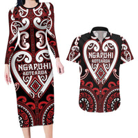 Custom Aotearoa Ngapuhi Couples Matching Long Sleeve Bodycon Dress and Hawaiian Shirt Maori Tribal Pattern LT05 Red - Polynesian Pride