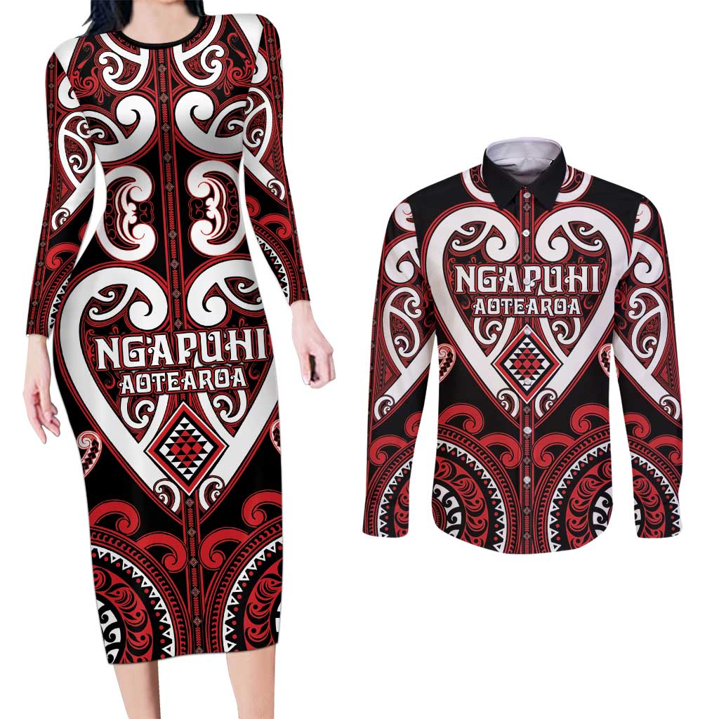 Custom Aotearoa Ngapuhi Couples Matching Long Sleeve Bodycon Dress and Long Sleeve Button Shirt Maori Tribal Pattern LT05 Red - Polynesian Pride